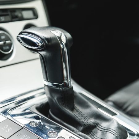 selector for control of a robotic gearbox for a DSG car inside a new modern car. stylish salon